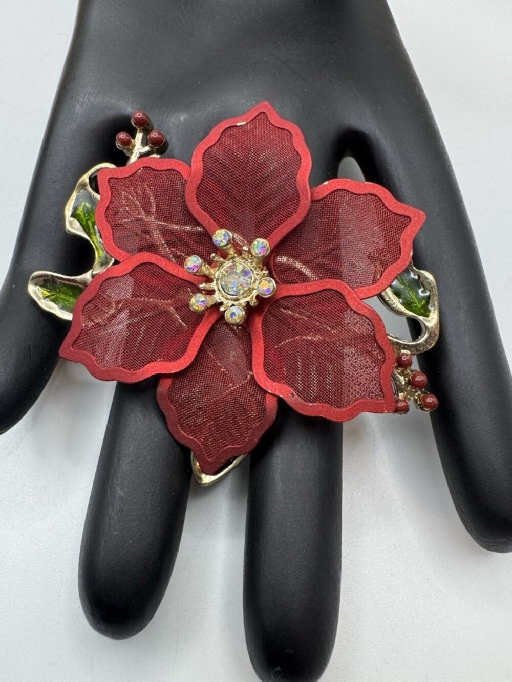 KC Kenneth Cole Christmas Mesh Poinsettia Flower With Rhinestone Brooch Pin